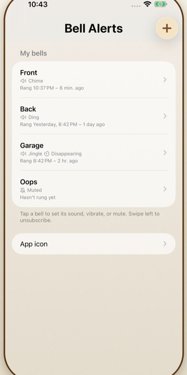 BellAlert's list of bells, with when each one last rang