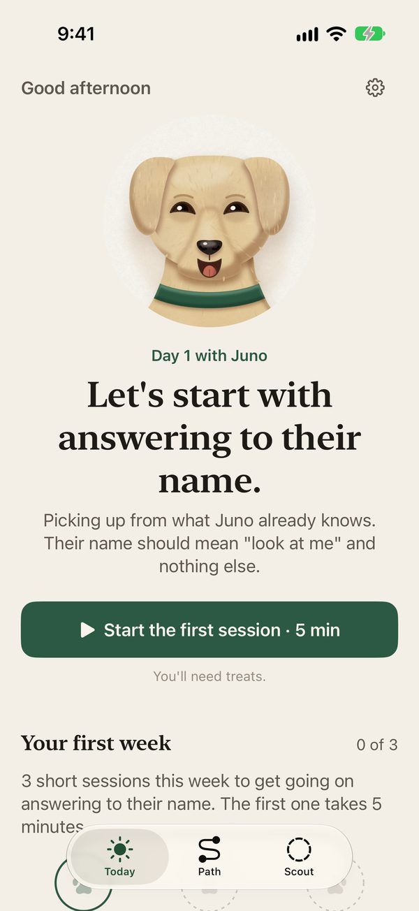 The app's Today screen on day one, with a painted puppy and the first session