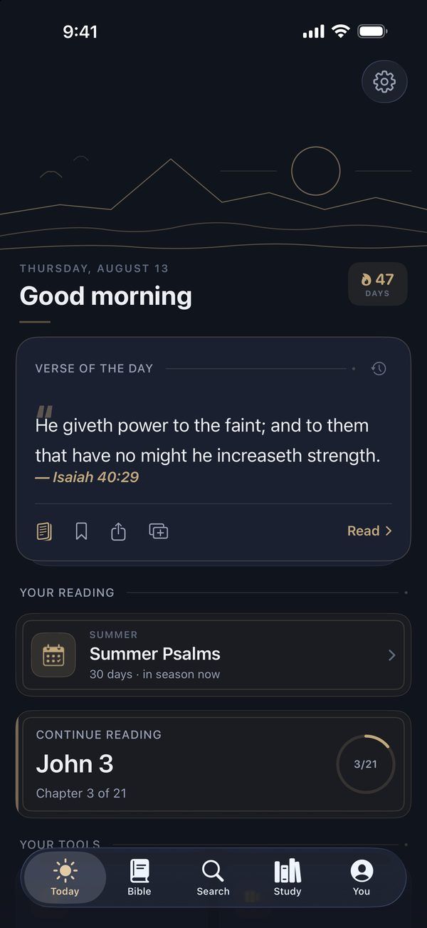 Truth's Today screen, with Isaiah 40:29 as the verse of the day